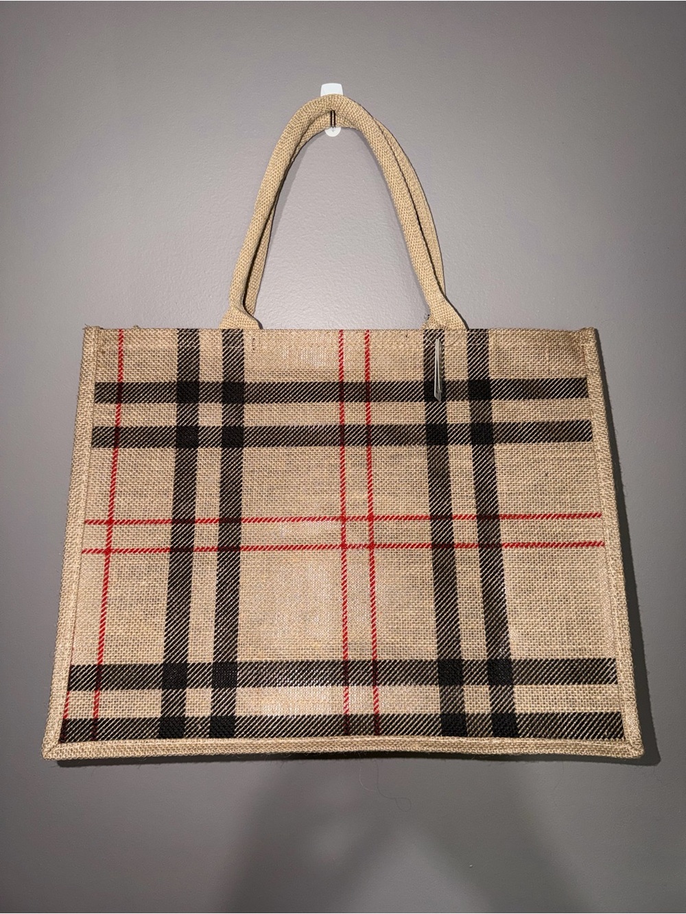 Classic burlap Plaid Tote with Top Handles